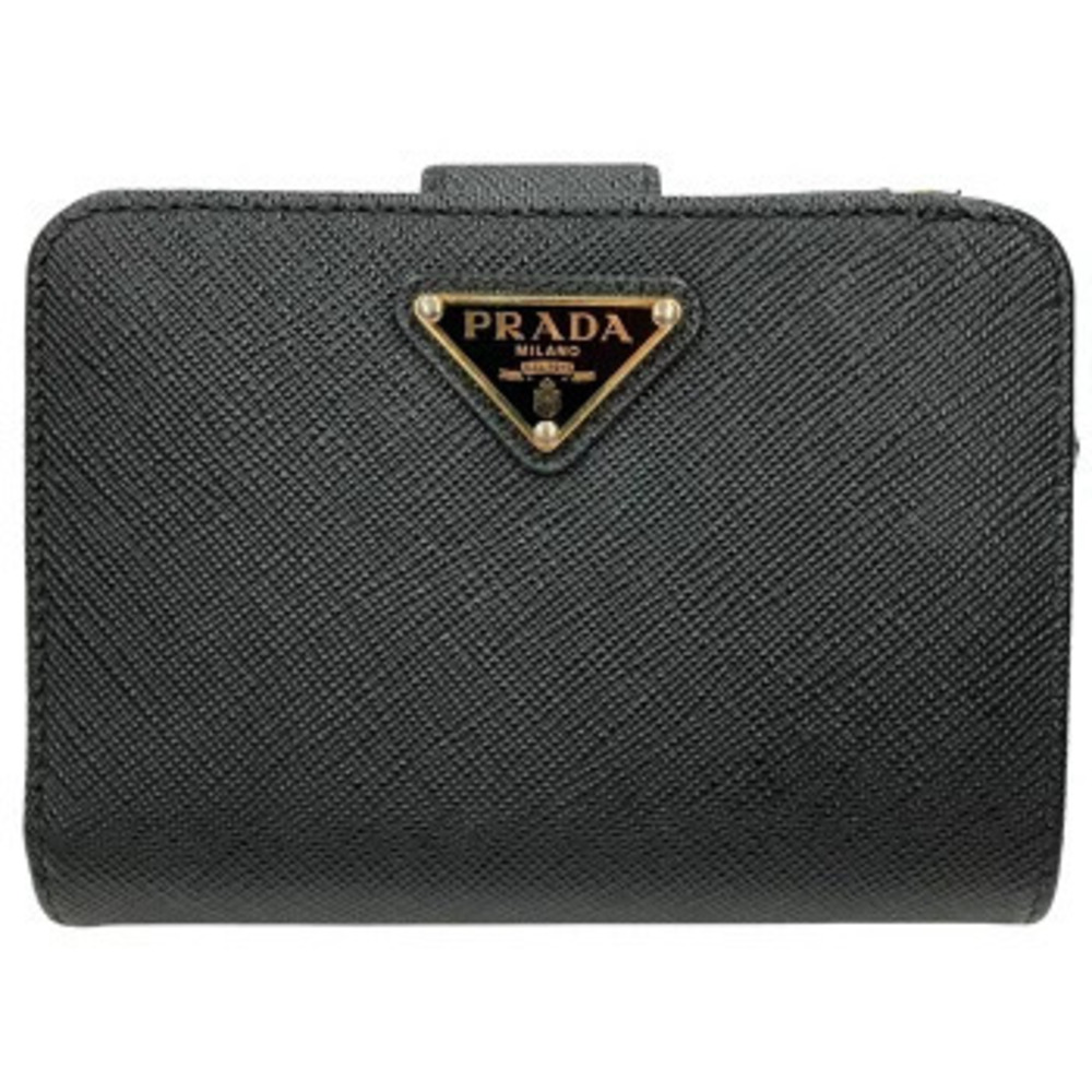 Prada Bi fold Wallet L shaped Zipper Saffiano Leather NERO Black Compact